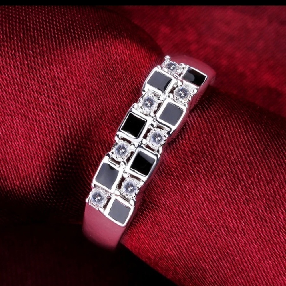 3 For $35 Sterling Silver Plated Black Enamel & White Diamond Checkered Ring - Picture 2 of 4